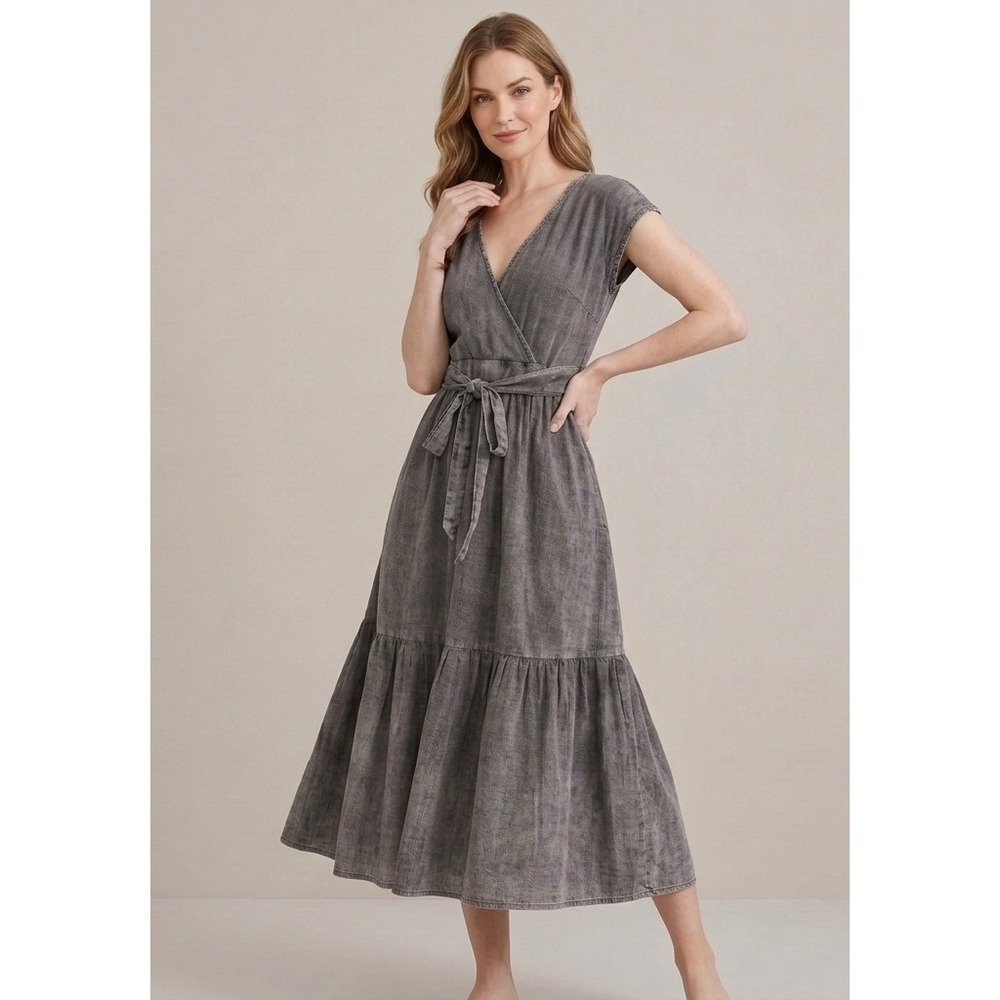 Pilcro Denim Midi Dress Womens 4 Charcoal V‎ Neck Flutter Sleeve Tiered Ruffle